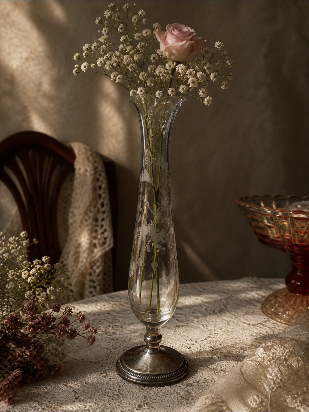 Vintage Etched Glass Vase Sterling Silver Base F.B. Rogers Weighted Floral